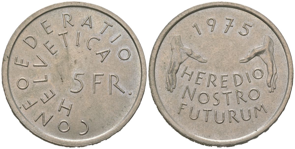 Швейцария 5 франков 1975 Защита памятников KM 53 медно-никель UNC 11-082-23