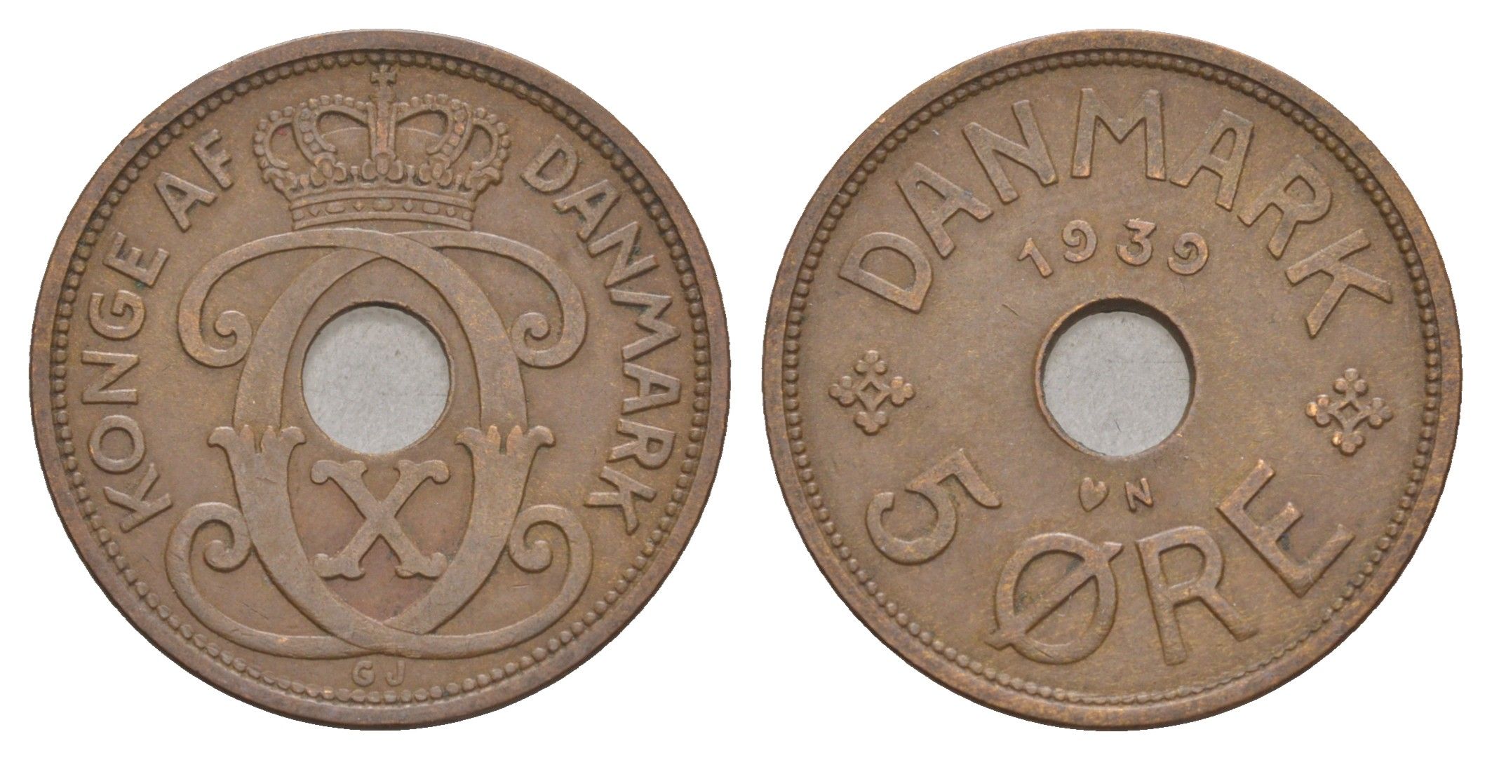 Дания 5 эре 1939 N, Кристиан X (1912-1947) KM 828 бронза 4657-254