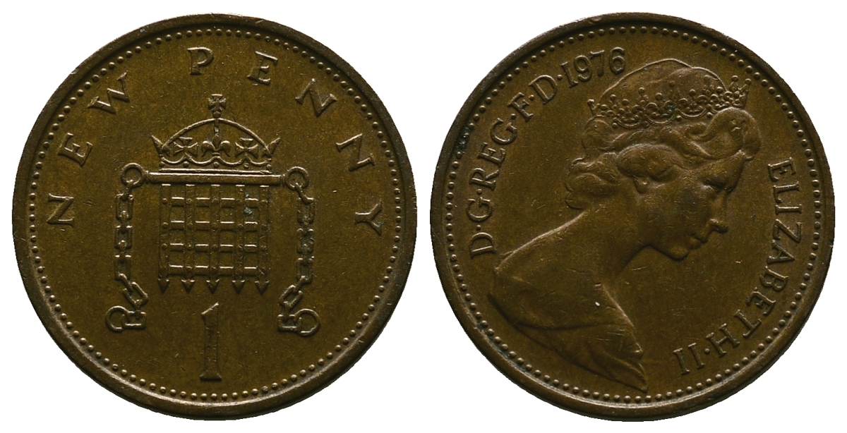 Великобритания 1 пенни 1976 Елизавета II (1952-2022) KM 915, Spink 4237 (B1) бронза 4384-742