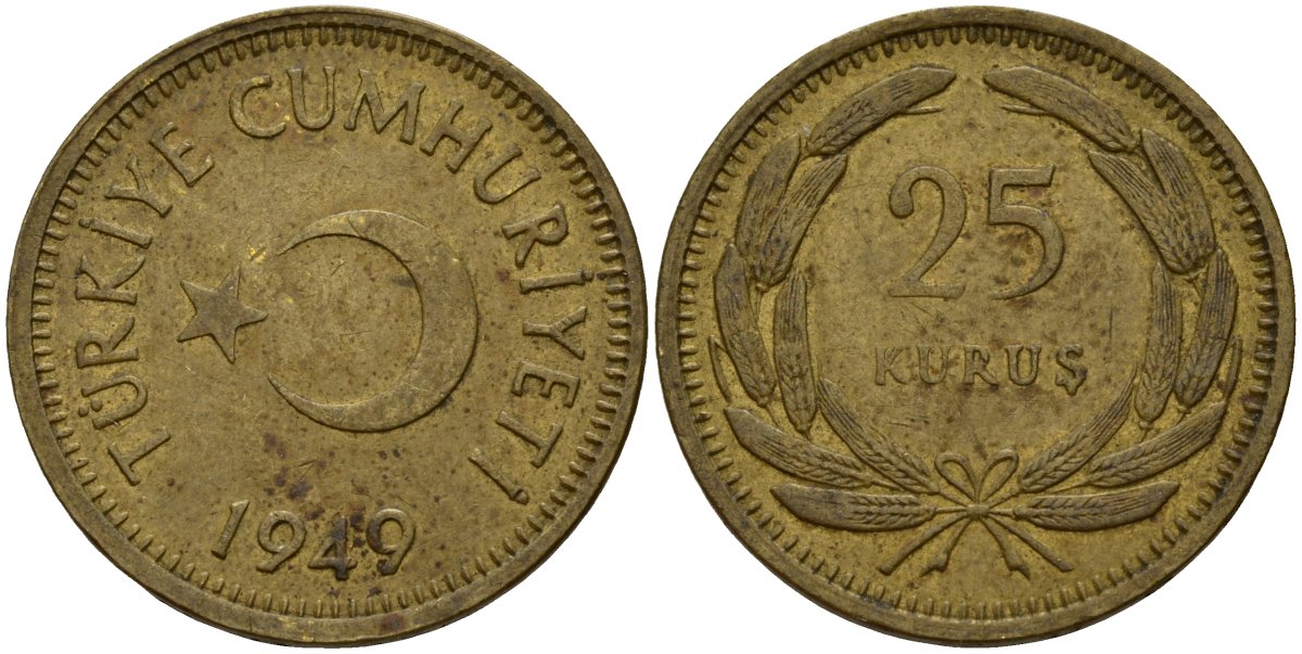 Турция 25 курушей 1949 KM 886 латунь 4156-753