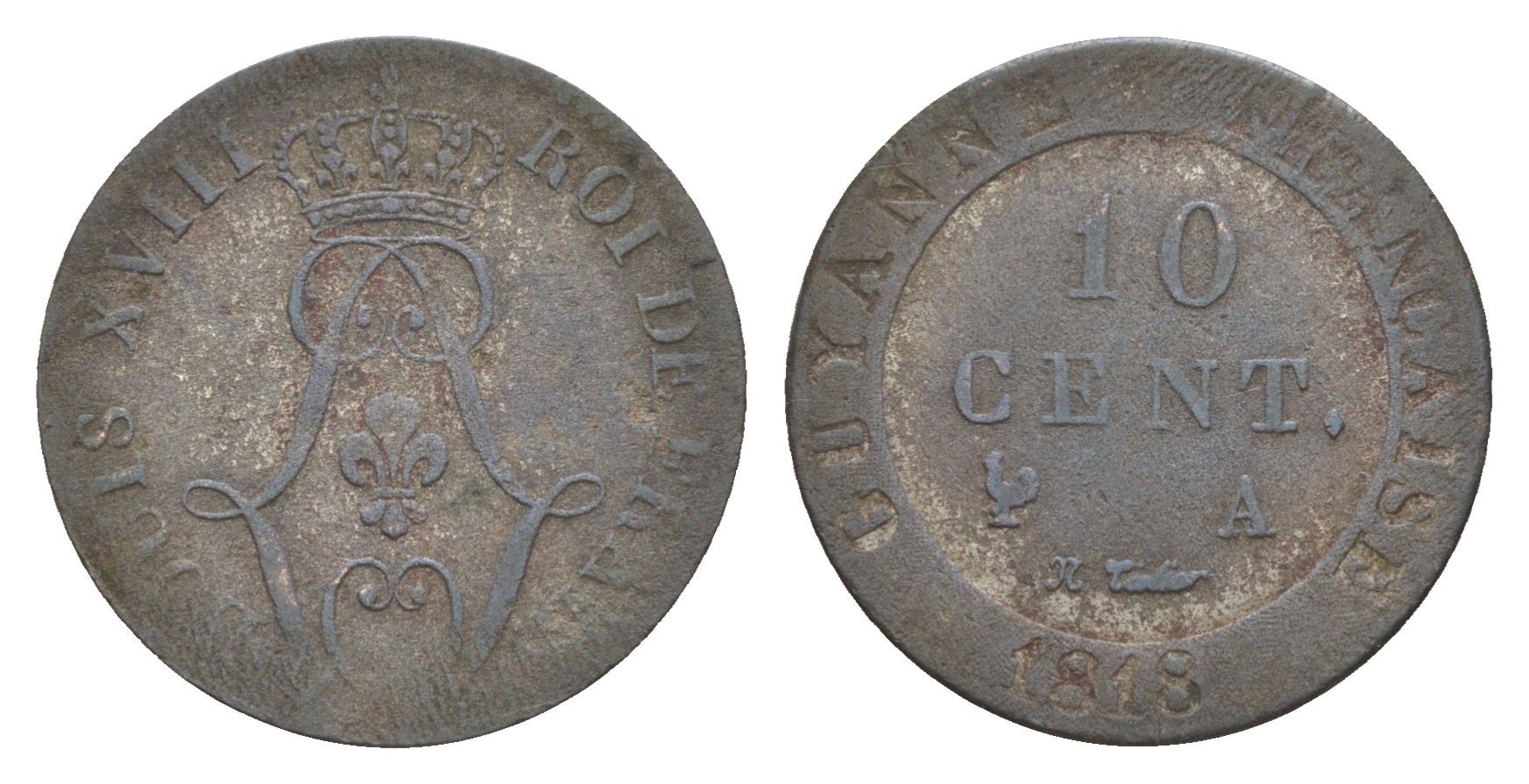 Французская Гвиана 10 сантимов 1818 год-тип KM A1 серебро 1524-924