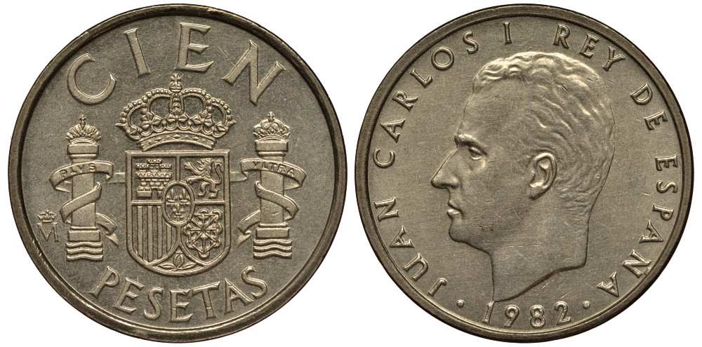 ИСПАНИЯ 100 ПЕСЕТ 1982 ХУАН КАРЛОС I (1975-) KM 826 алюминиевая бронза 210-1247