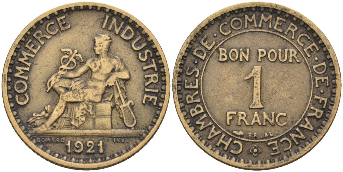 Франция 1 франк 1921 тип Chambre de Commerce KM 876, Le Franc 218.3 алюминиевая бронза 4584-334