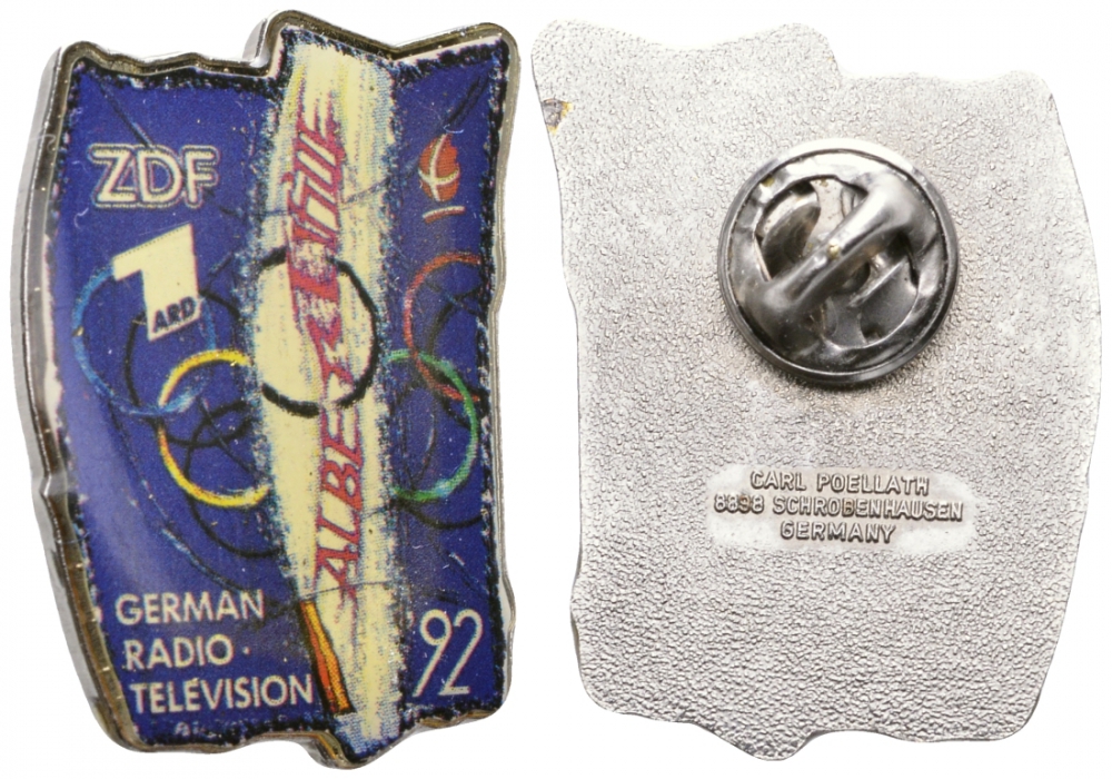 ГЕРМАНИЯ ЗНАЧОК 1992 ОЛИМПИАДА В АЛЬБЕРВИЛЛЕ, НЕМЕЦКАЯ ТЕЛЕРАДИОКОМПАНИЯ ZDF, 1 ARD, ИЗГОТОВИТЕЛЬ КАРЛ ПЕЛЛАЗ ГЕРМАНИЯ, С ЗАСТЕЖКОЙ ЗАЖИМ 7503-1-23