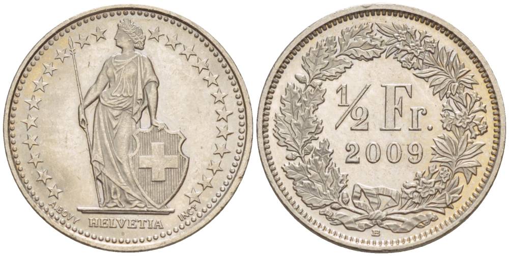 ШВЕЙЦАРИЯ 1/2 ФРАНКА 2009 В KM 23а.3 медно-никель 4528-648