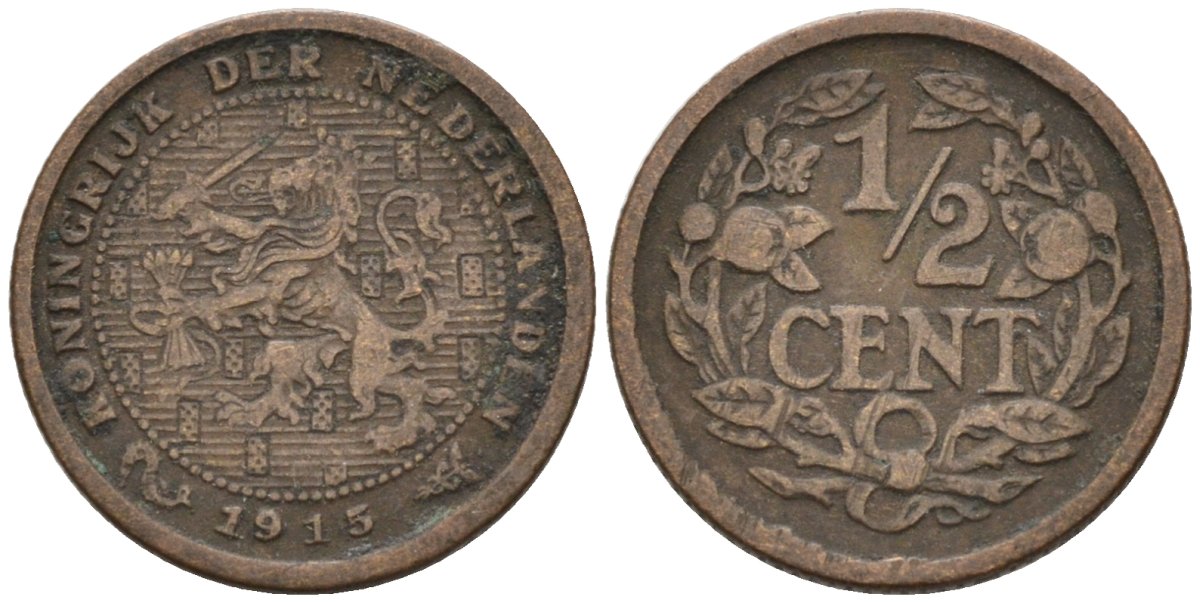 Нидерланды 1/2 цента 1915 Вильгельмина (1890-1948) KM 138 бронза 4576-357