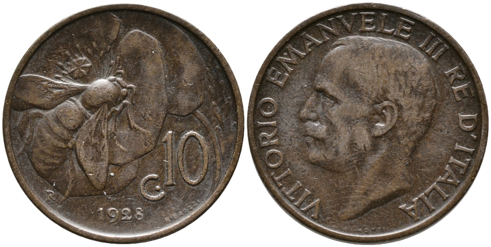 Италия 10 чентезимо 1928 R, Виктор Эммануил III (1900-1946), пчела KM 60 бронза 28-843