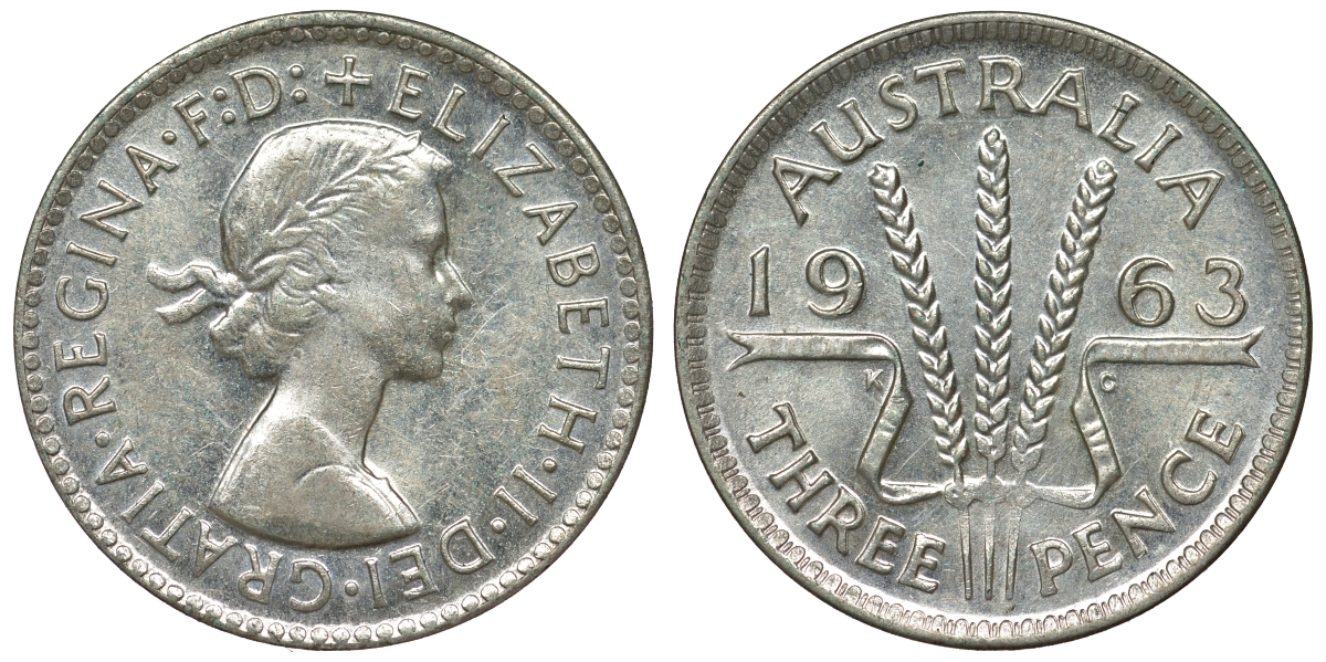 Австралия 3 пенса 1963 m, Елизавета II (1952-2022) KM 57 серебро 71-927