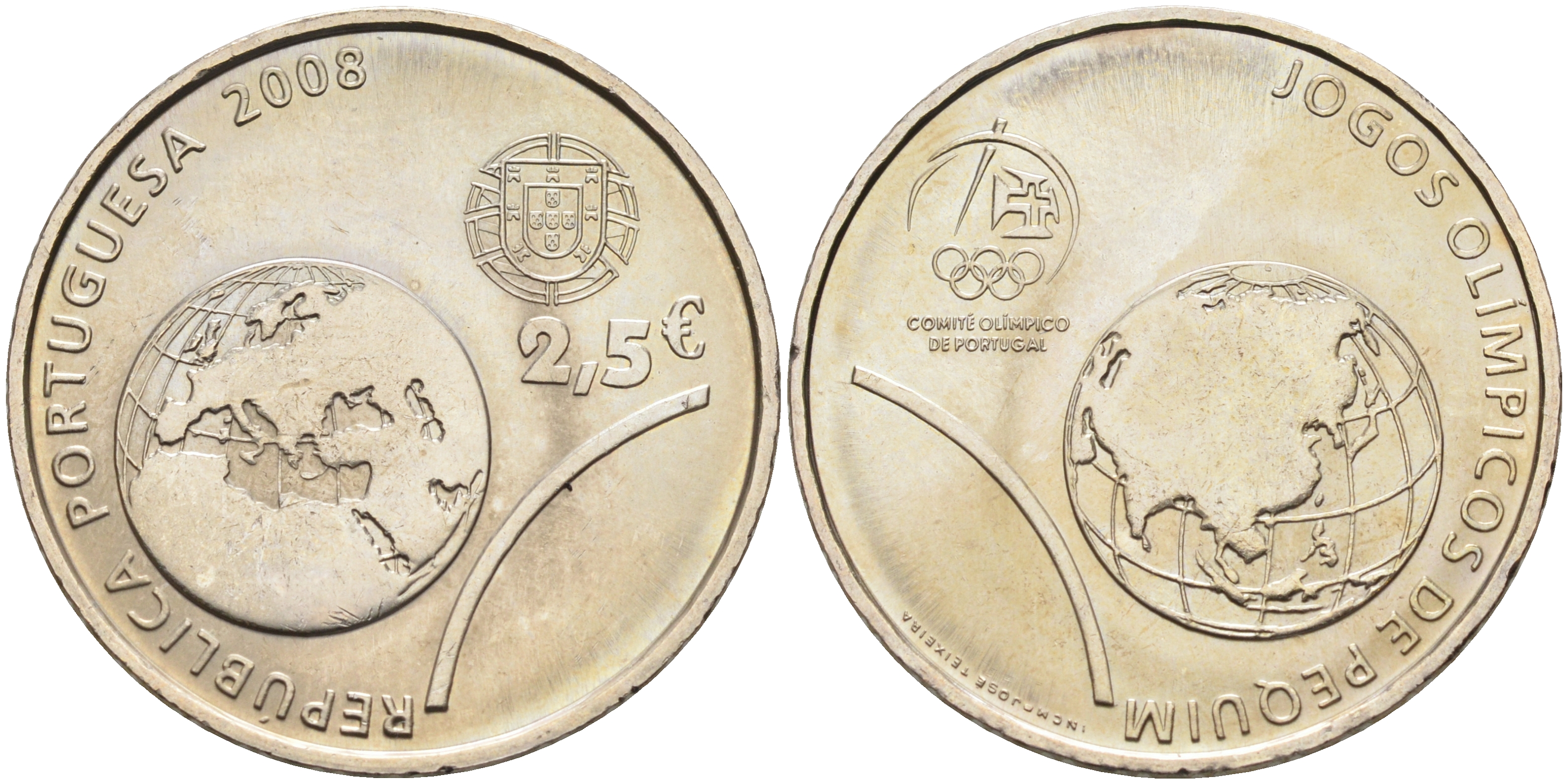 Португалия 2 1/2 евро 2008 XXIX Летние Олимпийские игры 2008 года в Пекине, земной шар KM 790 медно-никель UNC 4593-124