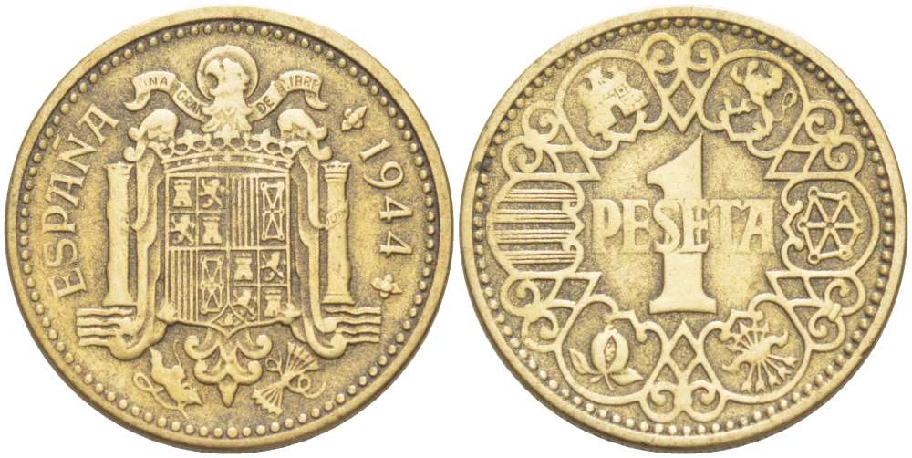 ИСПАНИЯ 1 ПЕСЕТА 1944 НАЦИОНАЛЬНОЕ ПРАВИТЕЛЬСТВО (1939-1947) KM 767 алюминиевая бронза 4519-912