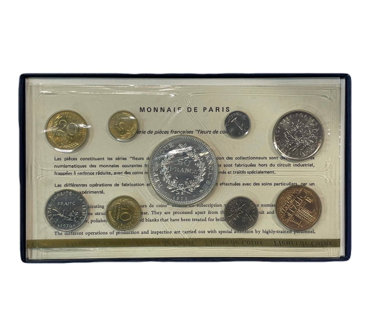 Франция официальный набор из 9 монет (1, 5, 10, 20 сантимов; 1/2, 1, 5, 10 и 50 франков) 1976 в оригинальной упаковке, с сертификатом KM SS 13 (925.1, 926a.1, 928, 929, 930, 931.1, 933, 940 и 941.1) BU 1-4-6-19