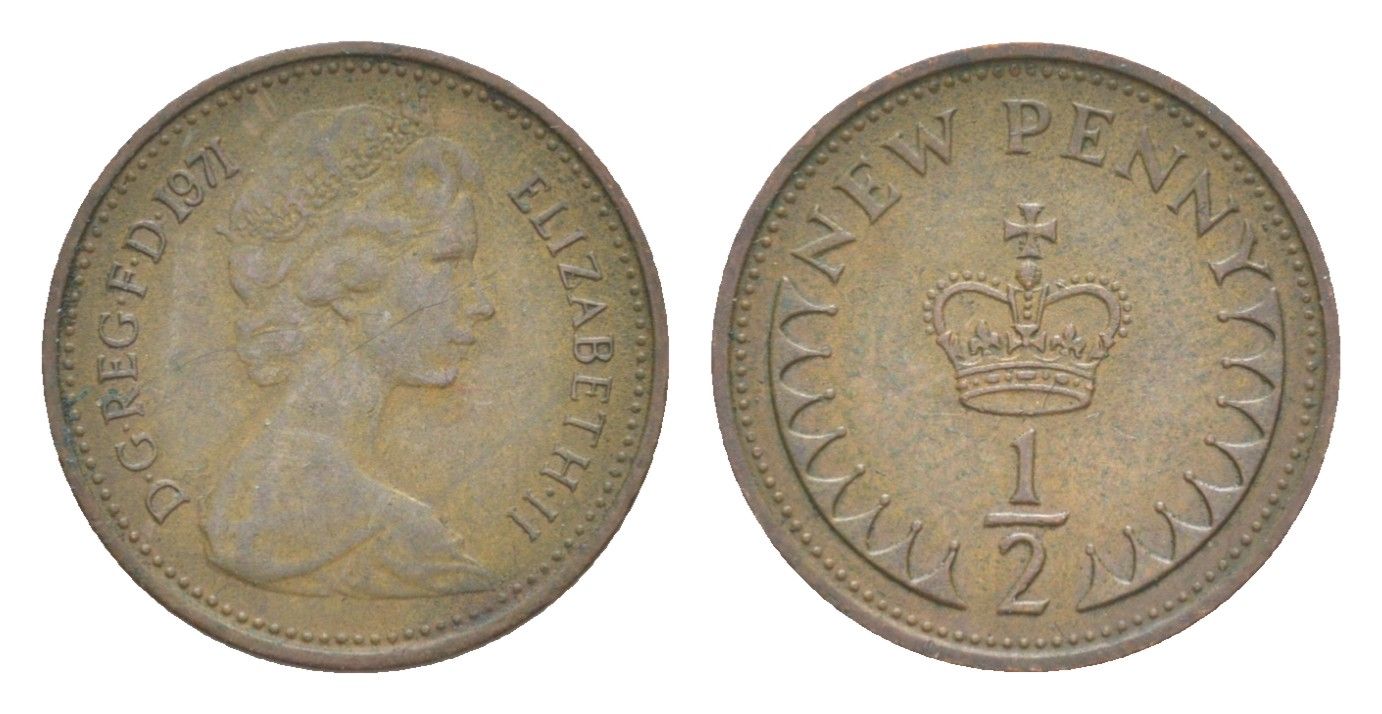 Великобритания 1/2 новый пенни 1971 Елизавета II (1952-2022) KM 914, Spink 4239 бронза 4643-457