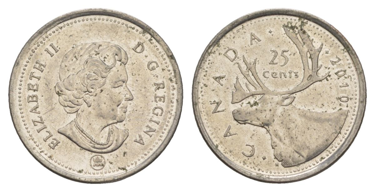 Канада 25 центов 2010 Leaf, Елизавета II (1952-2022), олень KM 2296 сталь плакированная никелем UNC 4631-727
