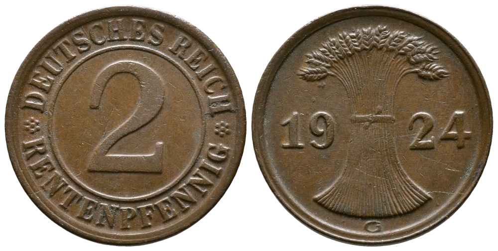 ГЕРМАНИЯ 2 РЕНТЕНПФЕННИГА 1924 G KM 31, J.307 бронза 86-1432