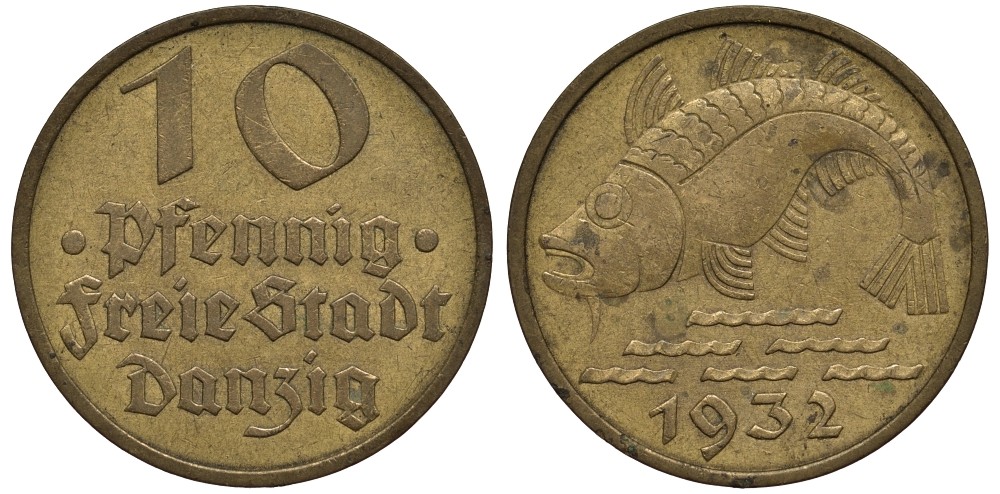 Данциг 10 пфеннигов 1932 рыба KM 142, J. D.13 алюминиевая бронза 186-932
