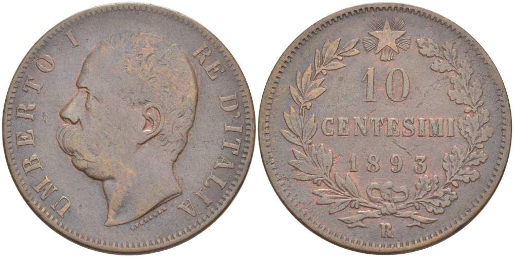 ИТАЛИЯ 10 ЧЕНТЕЗИМО 1893 R, МОНДВОР РИМ, УМБЕРТО I (1878-1900) KM 27.2 медь 4526-932