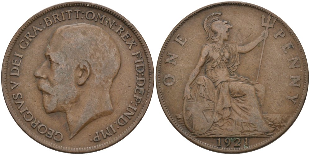 Великобритания 1 пенни 1921 Георг V (1910-1936) KM 810, Spink 4051 бронза 215-613