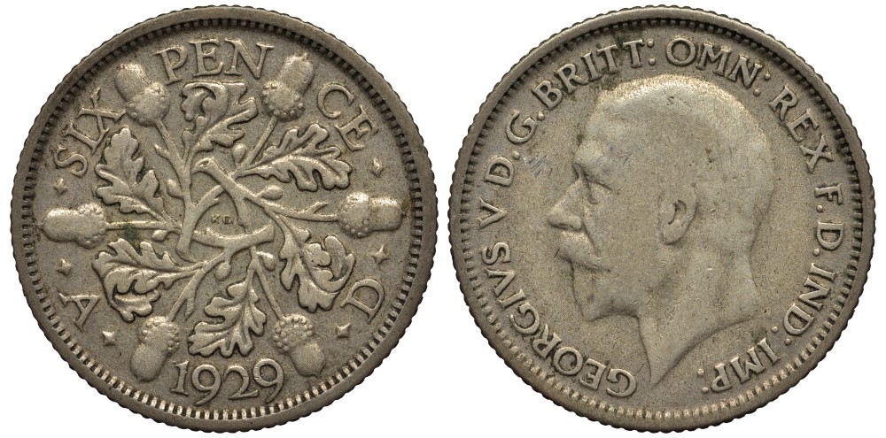 Великобритания 6 пенсов 1929 Георг V (1910-1936) KM 832, Spink 4040 серебро 4538-337