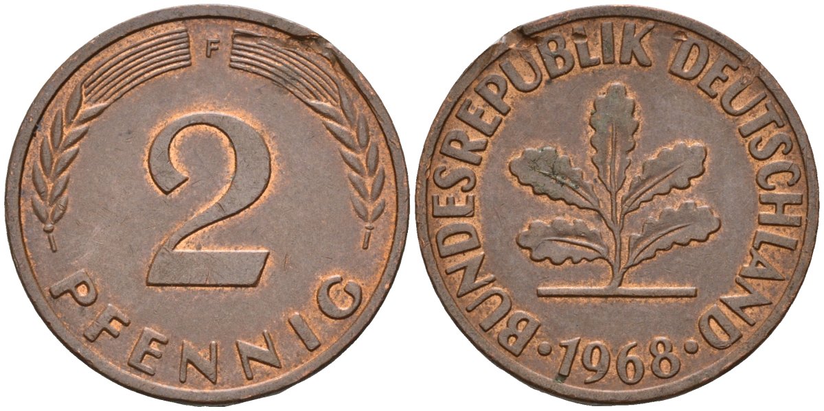 ФРГ 2 пфеннига 1968 F KM 106a, J.381 сталь плакированная медью 3955-1153