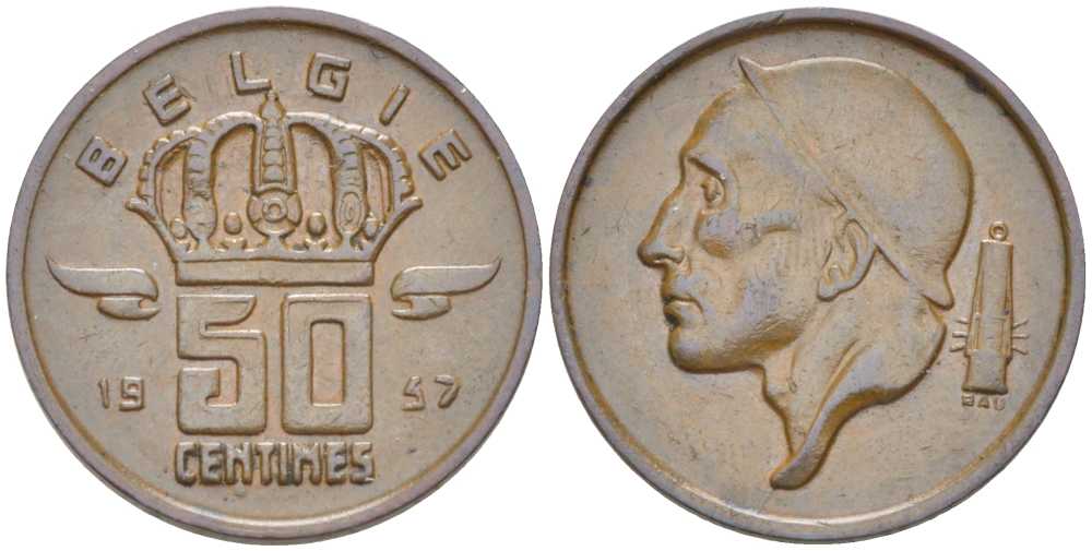 Бельгия 50 сантимов 1957 Belgie, Бодуэн I (1951-1993) KM 149.1 бронза 214-163