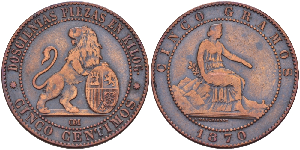 Испания 10 сентимо 1870 ОМ, лев со щитом KM 663 (Y54) медь 31-1051