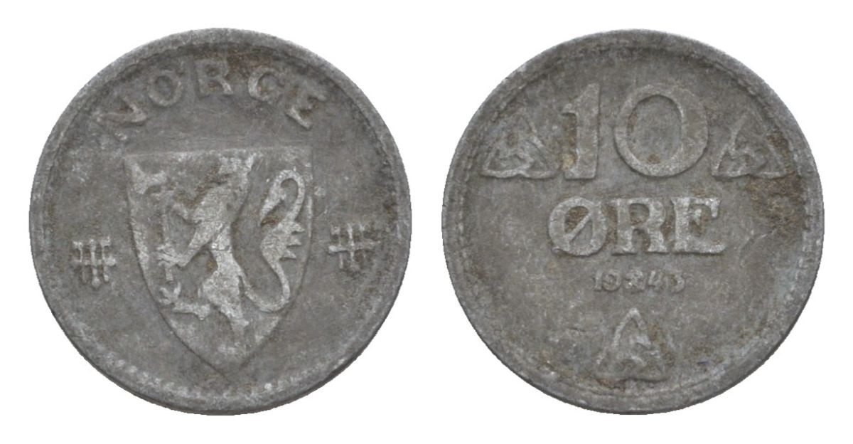 Норвегия 10 эре 1943 Хокон VII (1905-1957) KM 389 цинк 4632-1132