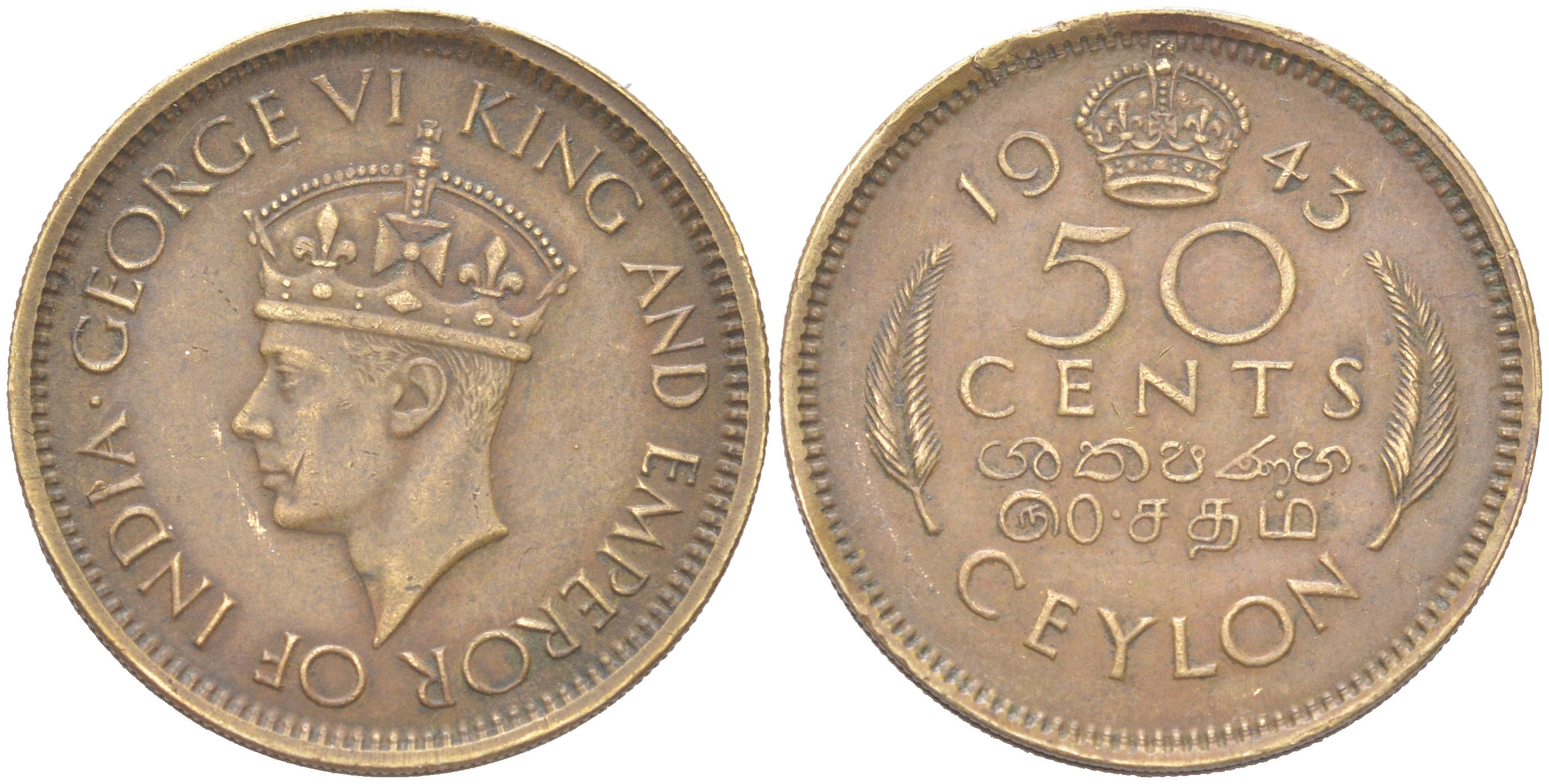 Цейлон 50 центов 1943 KM 116 никель латунь 4620-1152