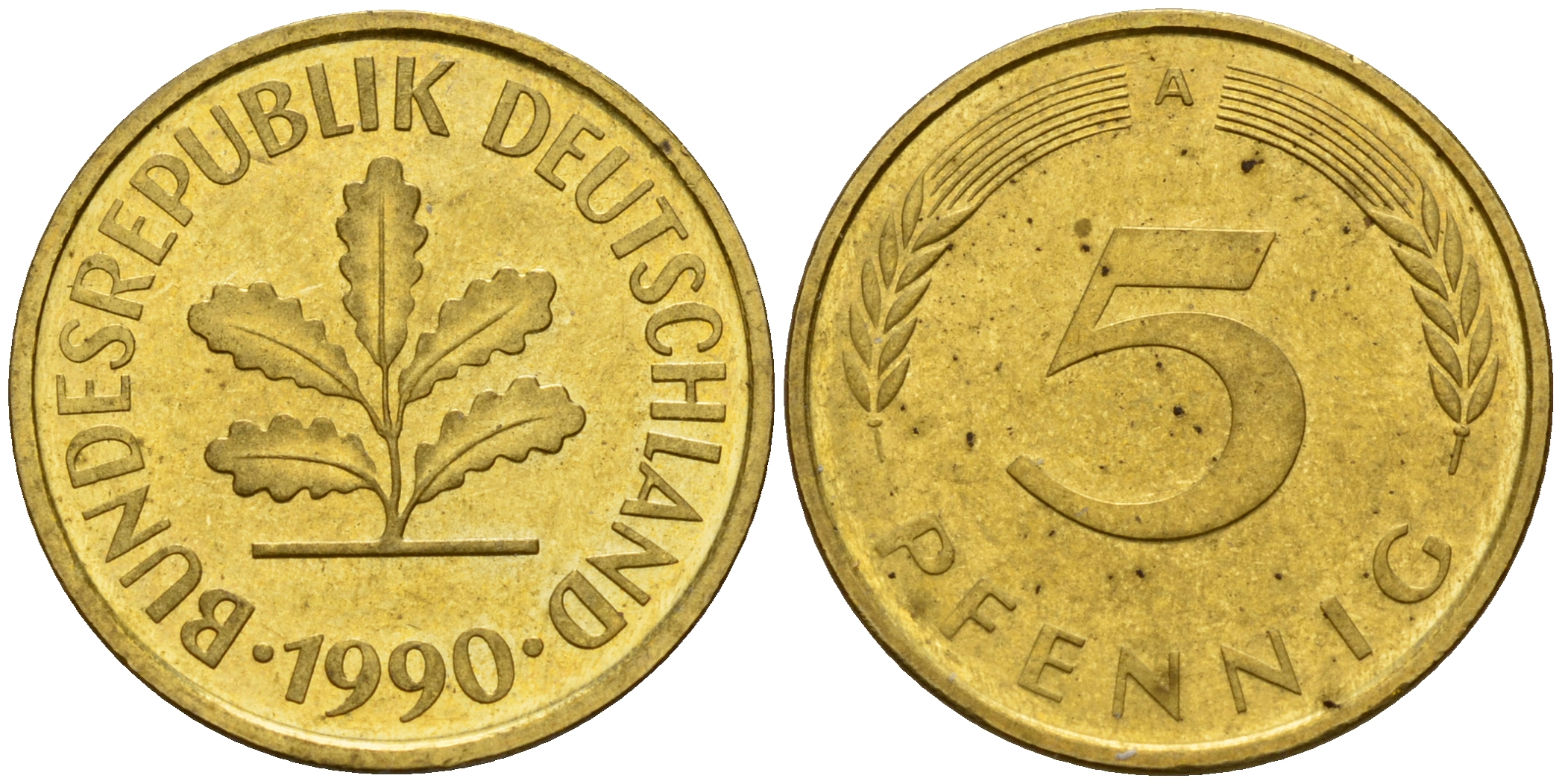 ФРГ 5 пфеннигов 1990 A J.382, KM 107 сталь плакированная латунью    4598-1064