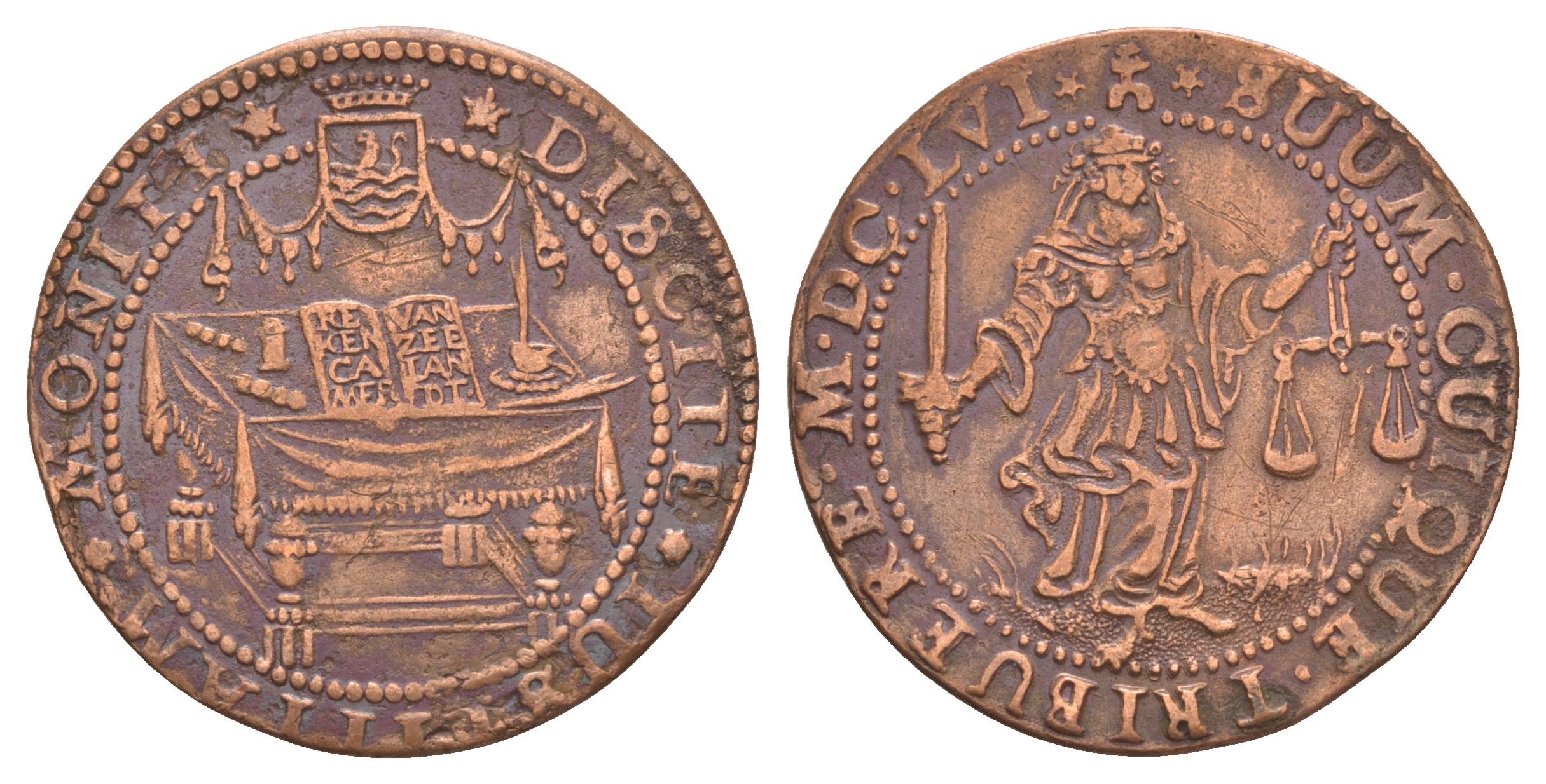 Нидерланды, Голландская республика, Зеландия cчетный жетон, Счетный суд 1656 Мидделбург, посвящённая стремлению к миру, Фемида, диаметр 31,5 мм, вес 5,83 гр Dugniolle 4097 медь 1520-735
