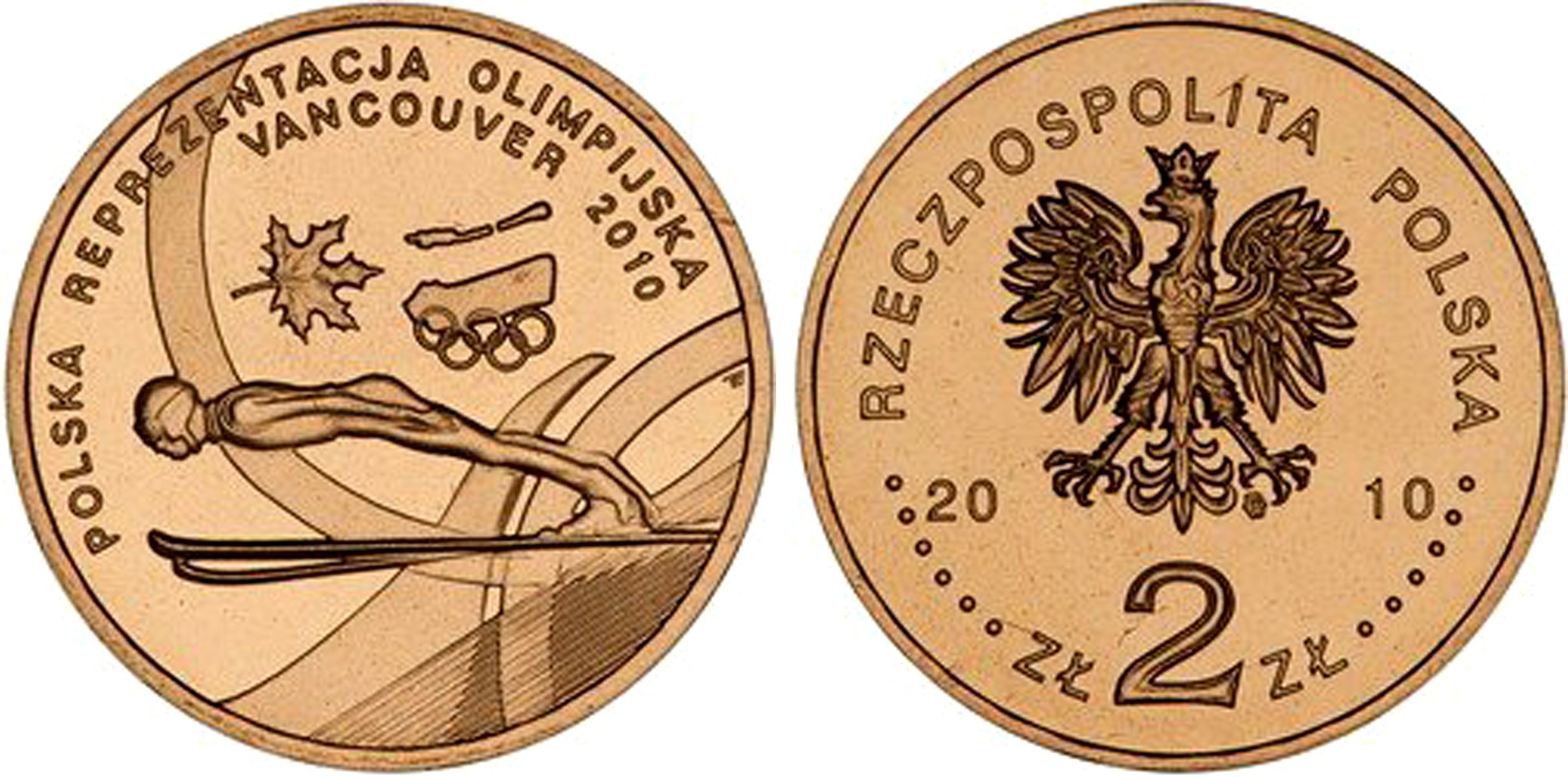 Польша 2 злотых 2010 MW, XXI Зимние Олимпийские игры в Ванкувере 2010 года, польская сборная KM 715 нордик UNC 4676-642