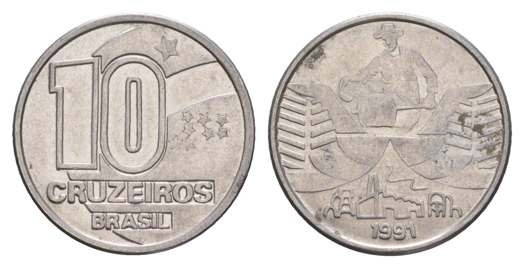 Бразилия 10 крузейро 1991 KM 619 нержавеющая сталь 4655-1126