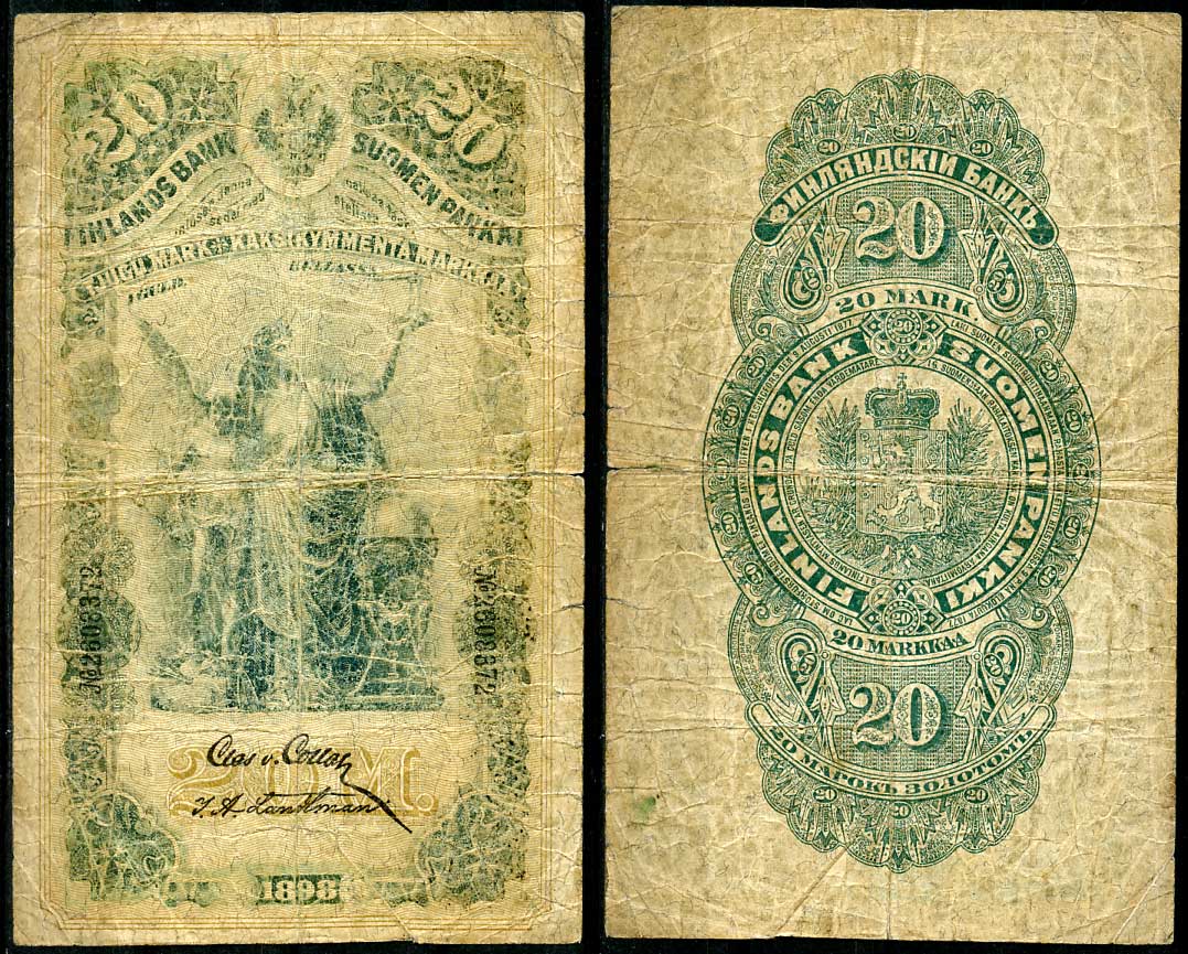 Россия для Финляндии 20 марок золотом 1898 Финляндский банк. Член правления von Collan. Кассир Landtman. Pick 5 a  бумага   451-490-1