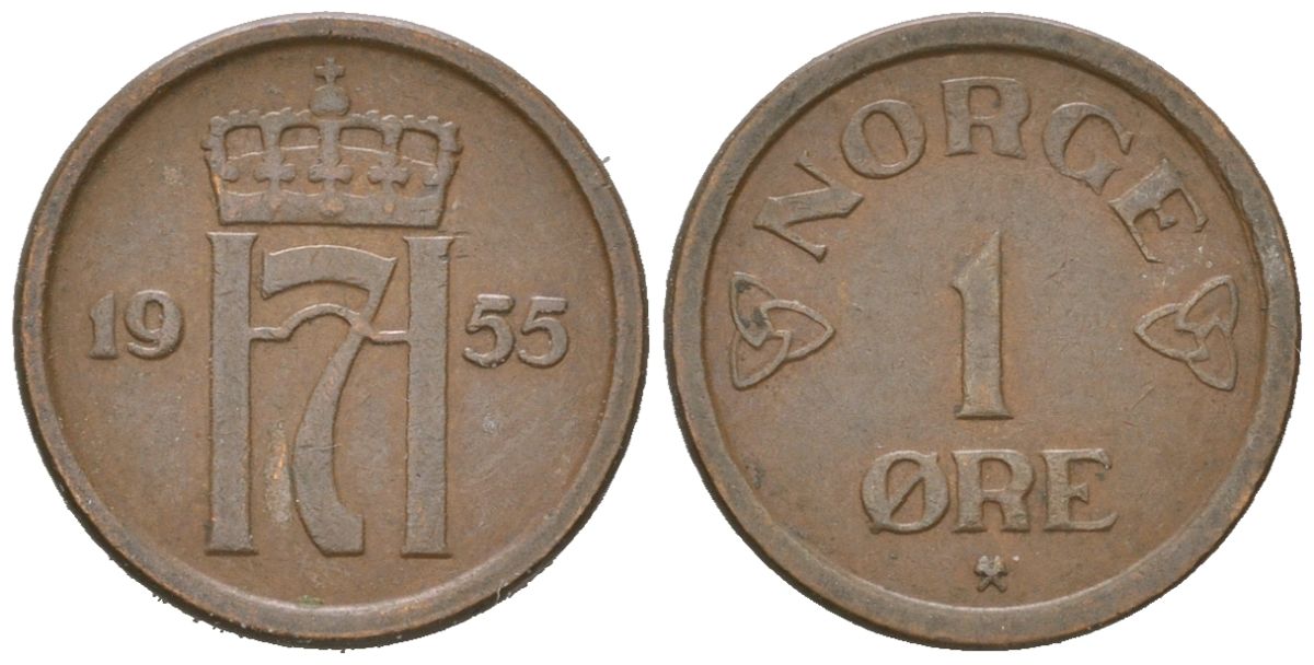 Норвегия 1 эре 1955 Хокон VII (1905-1957) KM 398 бронза 3309-1234