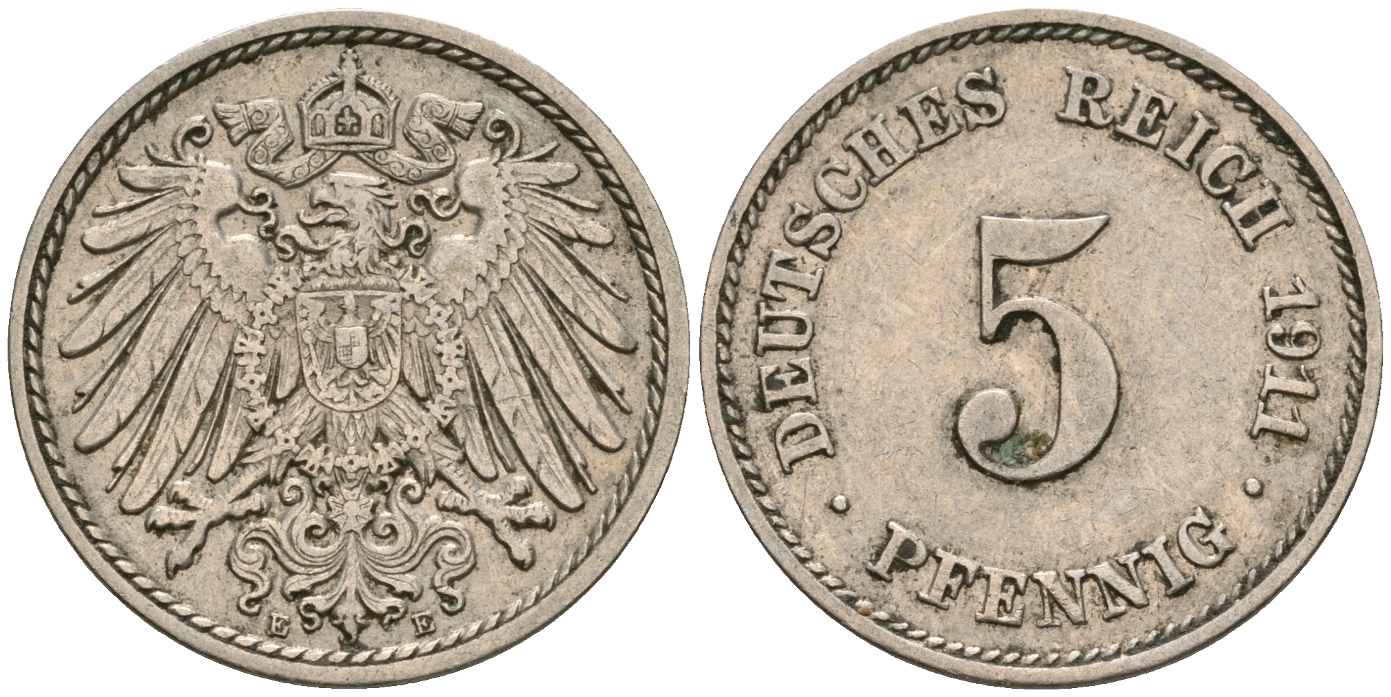 Германия 5 пфеннигов 1911 E KM 11, Jager 12, Weege 6 медно-никель 08-1337