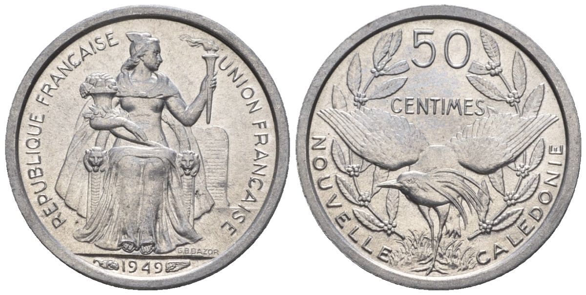 Французская Новая Каледония 50 сантим 1949 птица кагу, заморские территории KM 1 алюминий  aUNC  4609-932