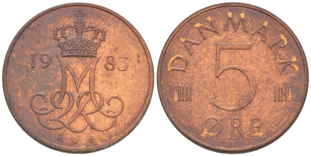 ДАНИЯ 5 ЭРЕ 1983 R; B, МАРГРЕТЕ II (1972-) KM 859.3 железо плакированное медью 3718-348