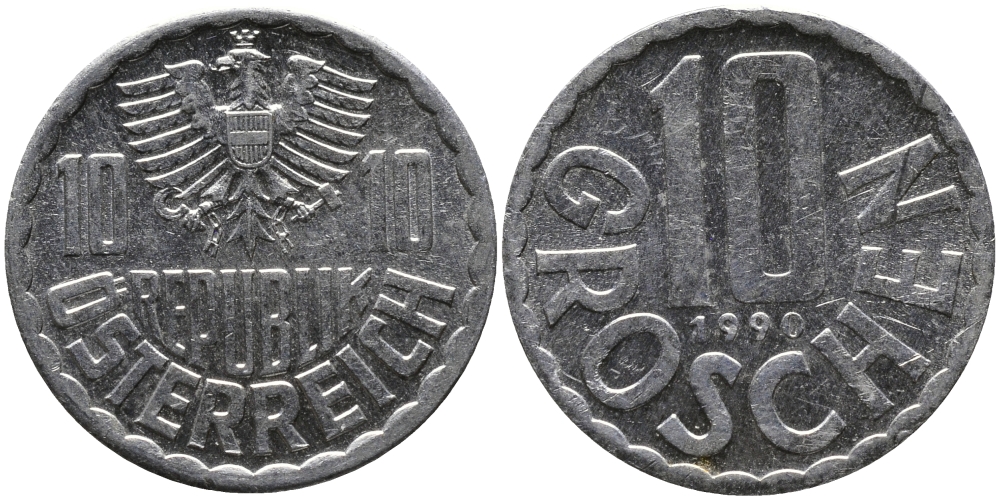 АВСТРИЯ 10 ГРОШЕЙ 1990 KM 2878 алюминий 33-342