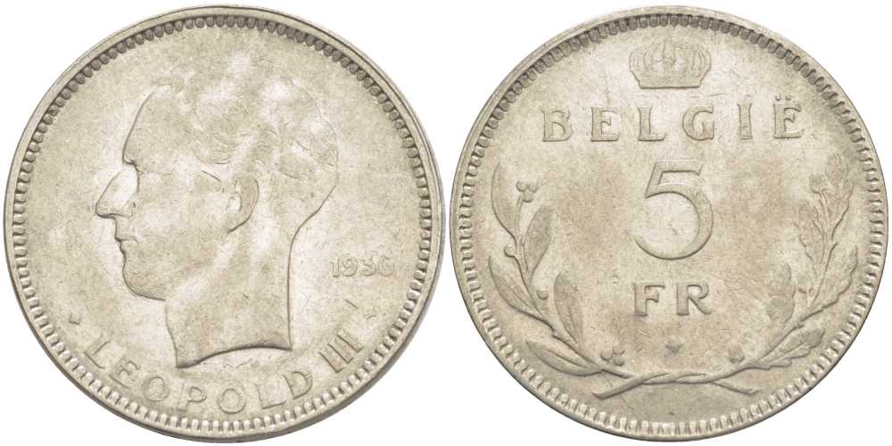Бельгия 5 франков 1936 Леопольд III (1934-1951), Belgie KM 109 никель 3851-523