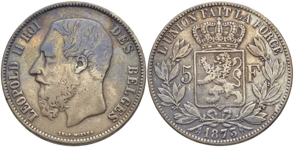 Бельгия 5 франков 1873 Леопольд II (1865-1909), позиция А KM 24 серебро 5010-935