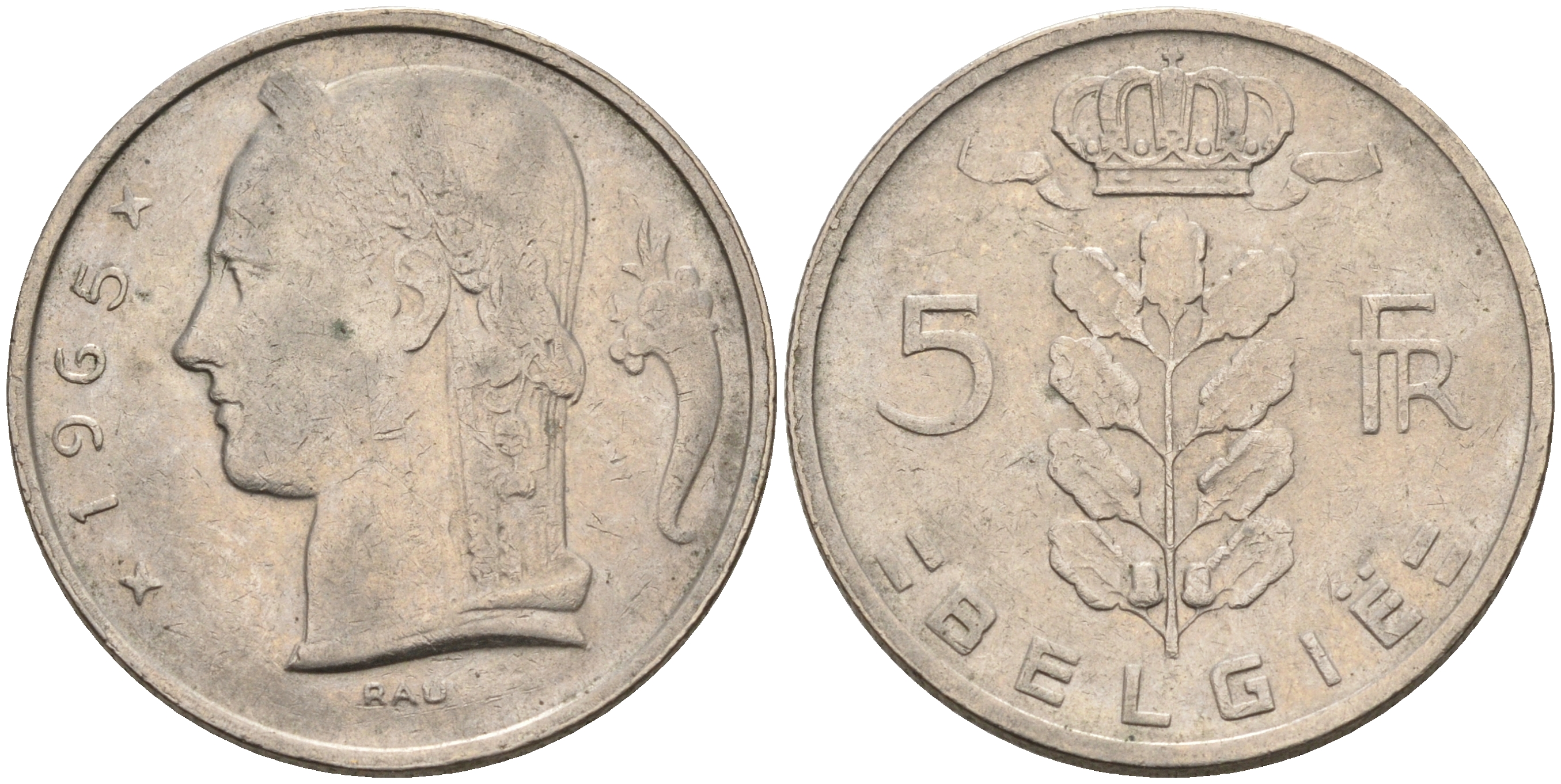 БЕЛЬГИЯ 5 ФРАНКОВ 1965 BELGIE KM 135.1 медно-никель 92-421