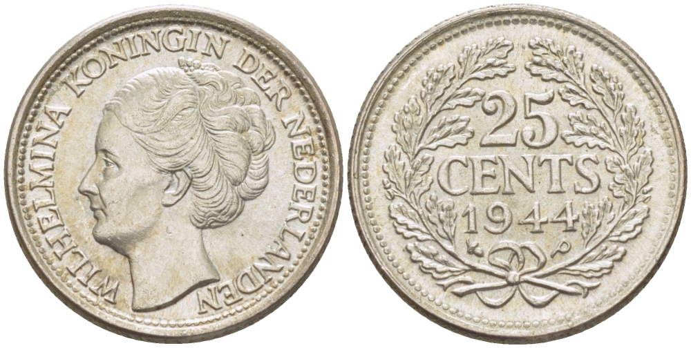 Нидерланды 25 центов 1944 Вильгельмина (1890-1948) KM 164 серебро aUNC 66-1156