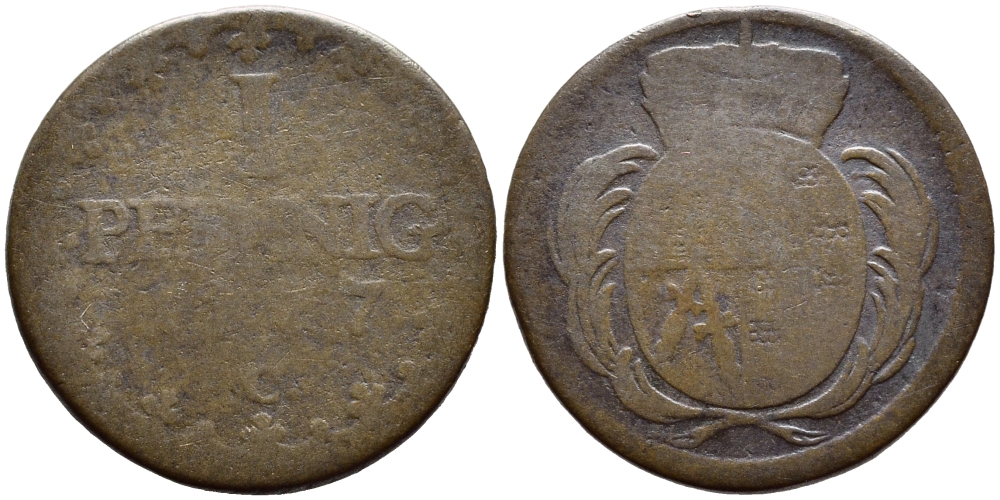 САКСОНИЯ 1 ПФЕННИГ 1777 С KM 1000(С91) медь 4381-965
