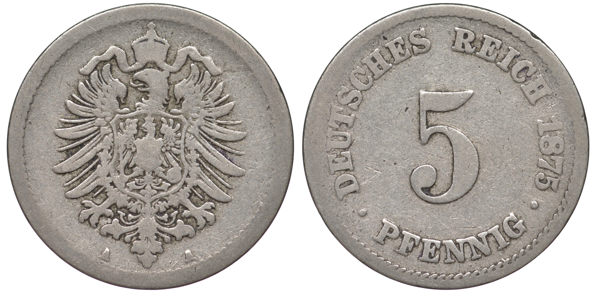 ГЕРМАНИЯ 5 ПФЕННИГОВ 1875 A, СТАРОГЕРБОВКА KM 3, J.3 медно-никель 45-467