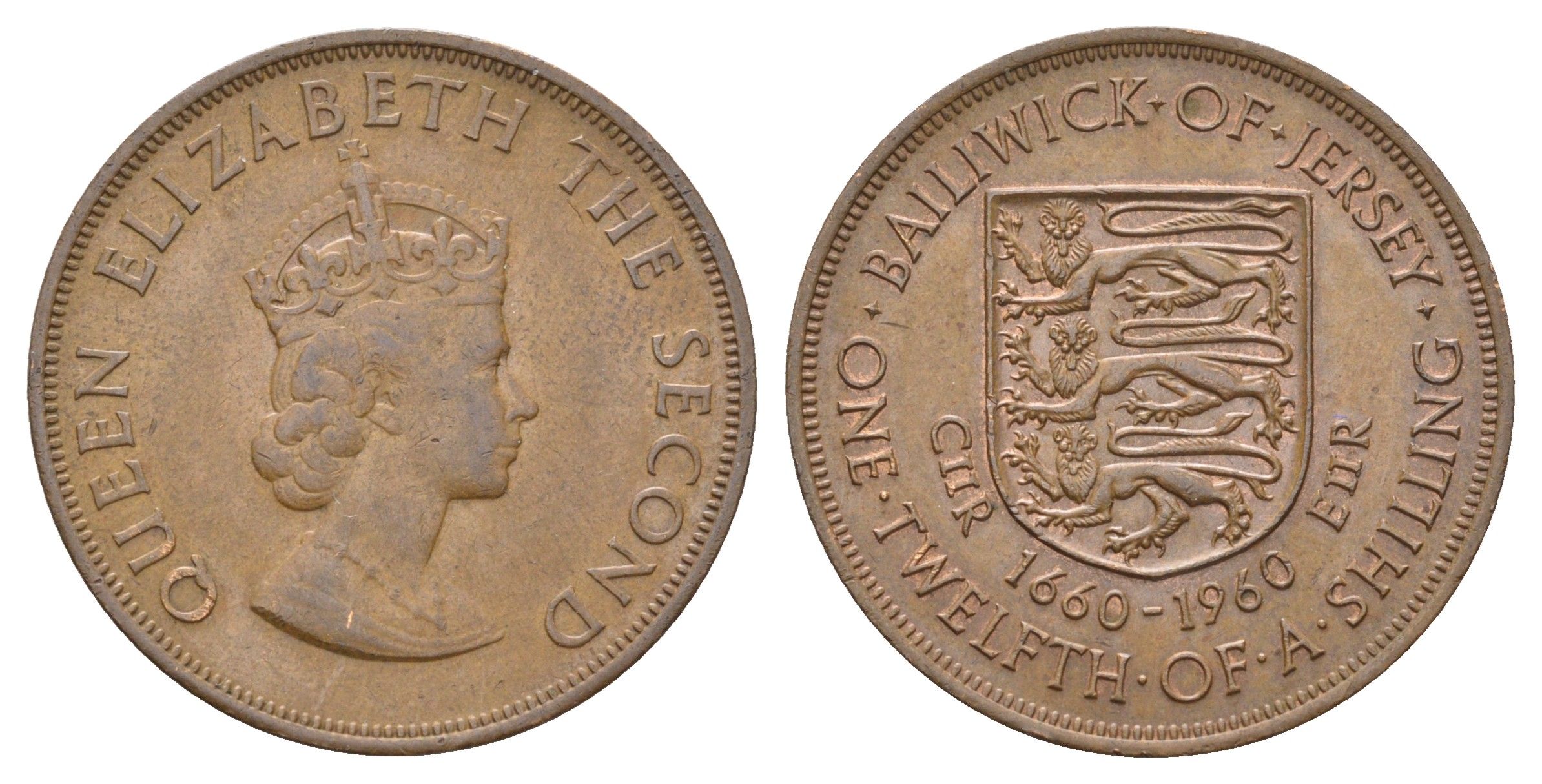 Джерси 1/12 шиллинга 1960 Елизавета II (1952-2022), 300 лет вступления на престол короля Карла KM 23 бронза 4634-416