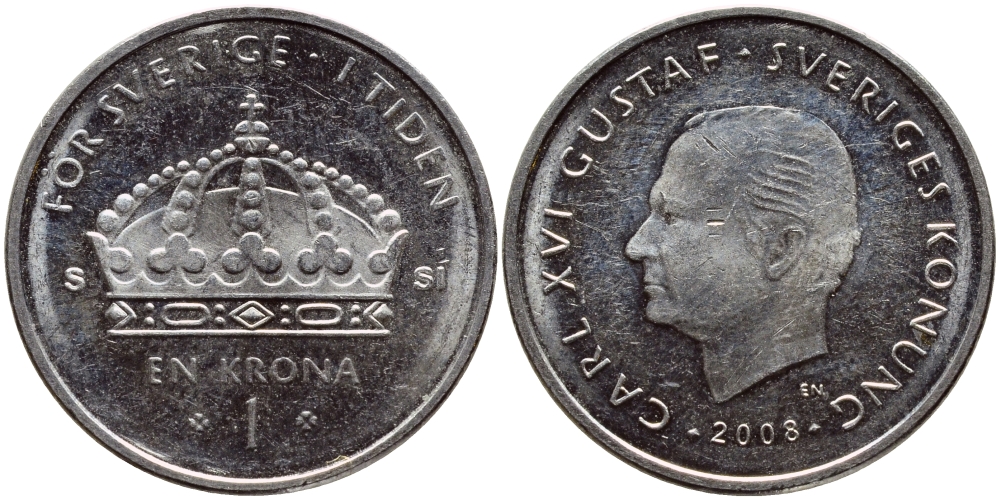 Швеция 1 крона 2008 Карл XVI Густав (1973- ) KM 894 медно-никель 87-855