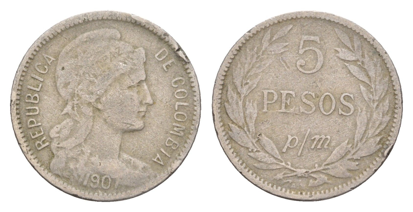 Колумбия 5 песо (papel moneda) 1907 KM 279 медно-никель 4651-943