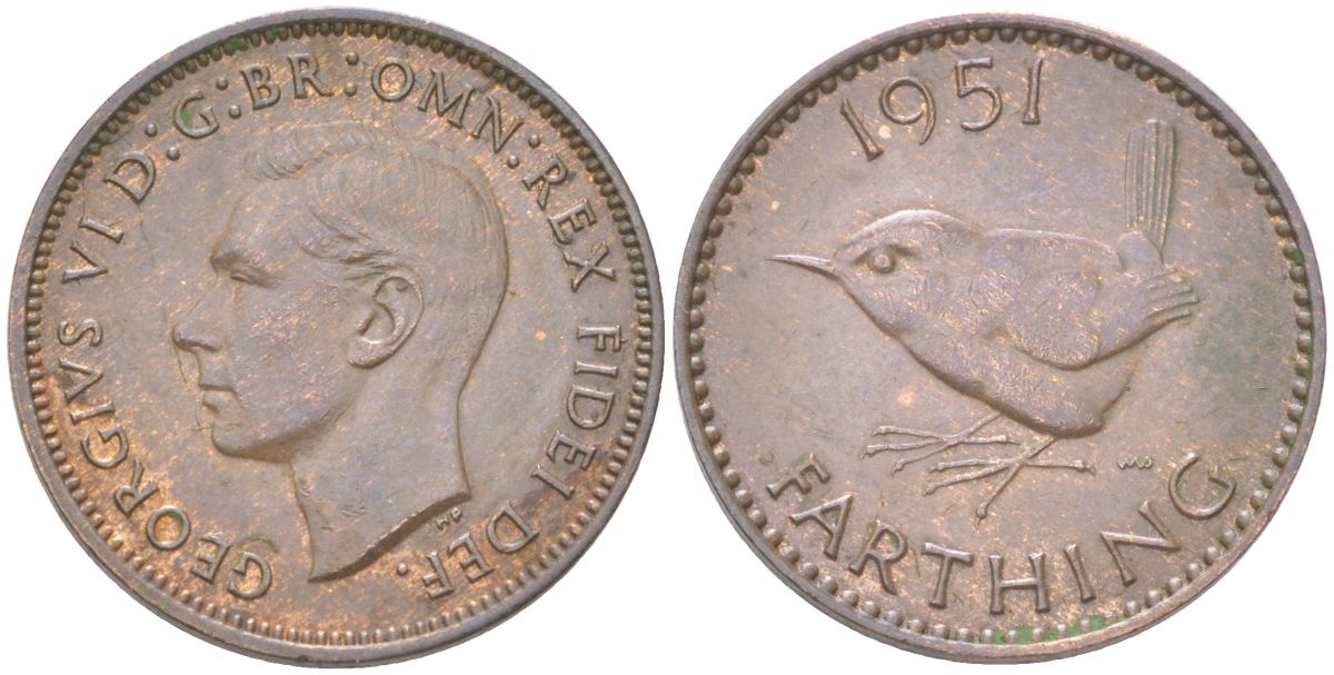 Великобритания 1 фартинг 1951 Георг VI (1936-1952) KM 867, Spink 4119 бронза 4613-521
