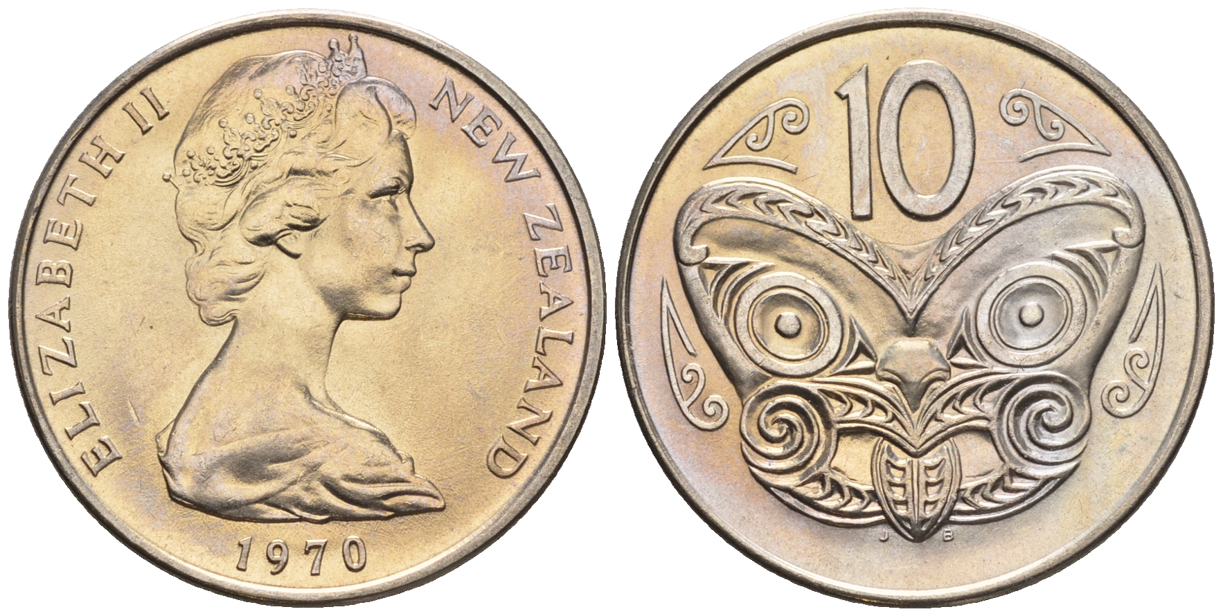 Новая Зеландия 10 центов 1970 Елизавета II (1952-2022), маска маори KM 41.1 медно-никель  UNC  4182-1237