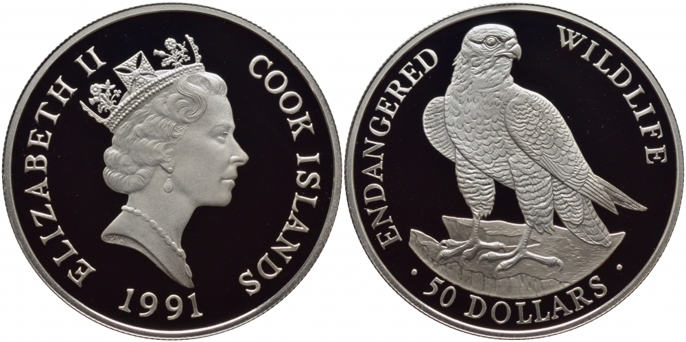Острова Кука 50 долларов 1991 серия охрана окружающей среды, сокол KM 119 серебро PROOF 1077-2-33