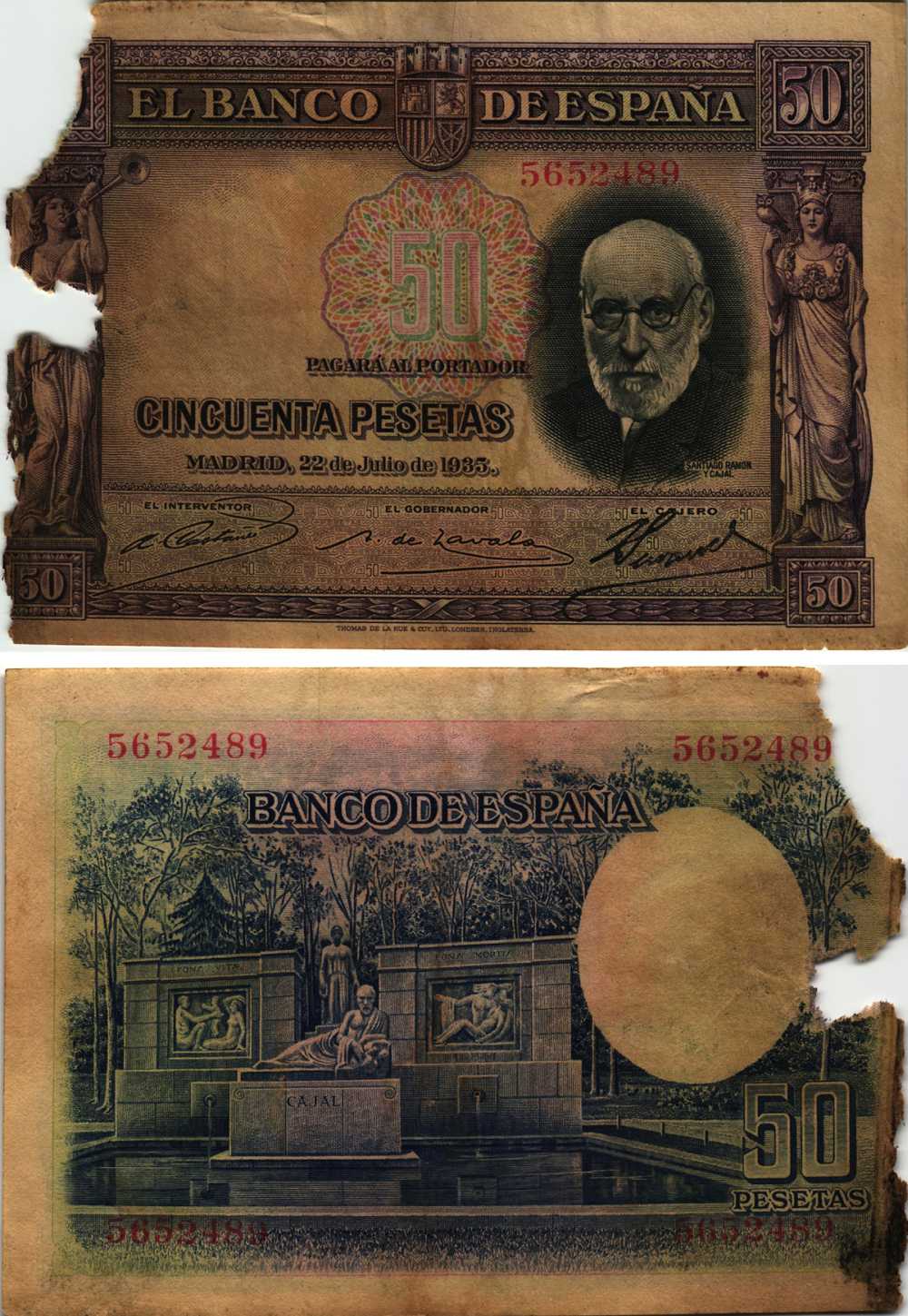 ИСПАНИЯ 50 ПЕСЕТ 1935 МАДРИД, 25 ИЮЛЯ 1935, САНТЬЯГО РАМОН-и-КАХАЛЬ (1852-1934), №5652489 Pick 88 бумага 8609-32-1-1